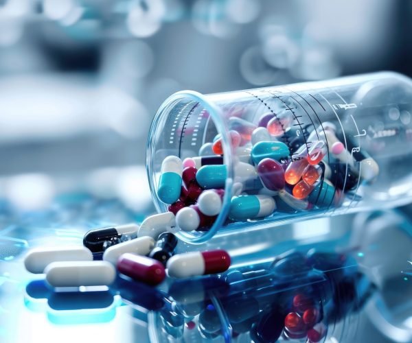 A photo showcasing a bottle filled with pills placed on top of a table, Educational representation of biotech in medicine, AI Generated
